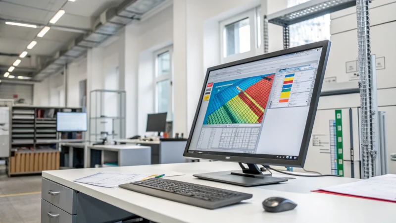 A modern engineering office with a computer workstation displaying FEA simulation