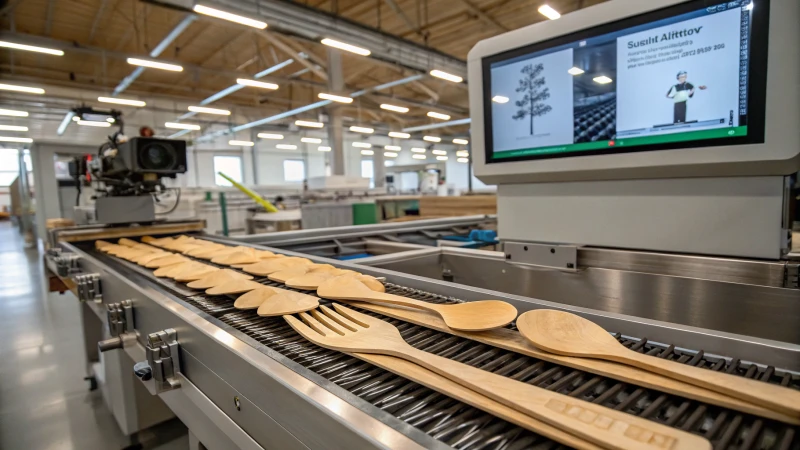 A modern manufacturing facility with a machine vision system inspecting wooden cutlery.