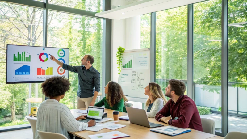 A modern office meeting room with diverse professionals discussing sustainability