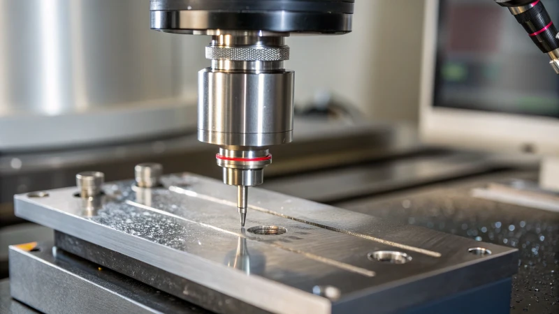 Close-up view of nano-indentation equipment measuring hardness on a metallic sample