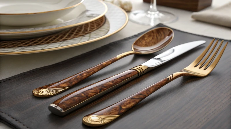 Close-up of polished wooden cutlery on a dining table