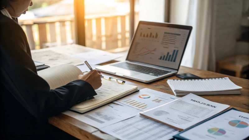 Person reviewing compliance documentation at a cluttered desk in an office