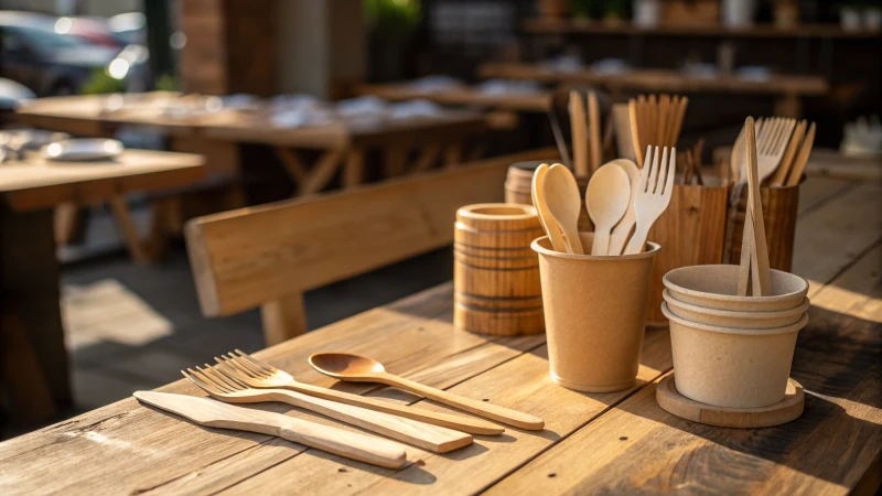 A rustic wooden table with an assortment of disposable wooden cutlery