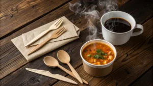 A rustic wooden table with wooden cutlery and a bowl of soup