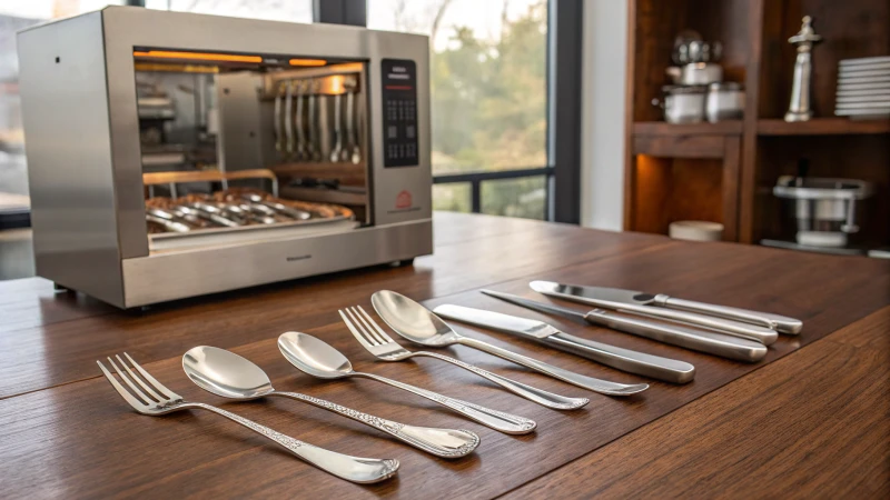 A sleek arrangement of stainless steel cutlery on a polished wooden table with a DMA machine in the background.