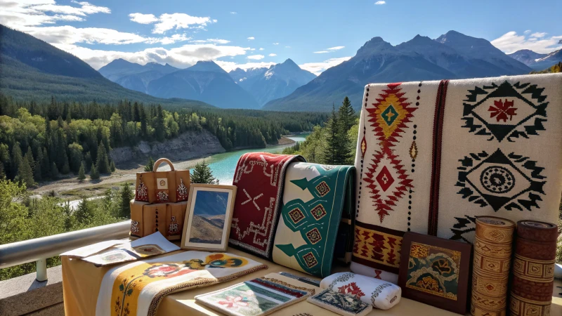 A vibrant display of cultural products with scenic background