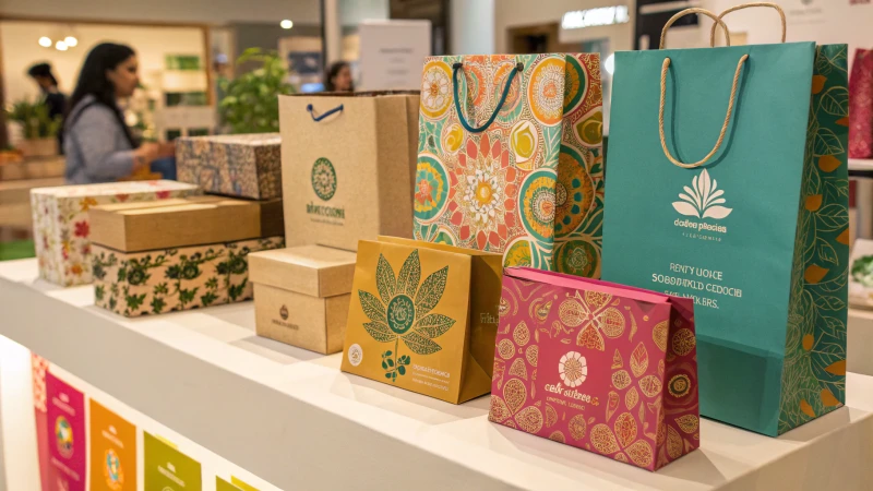 A variety of printed packaging designs including boxes, bags, and labels