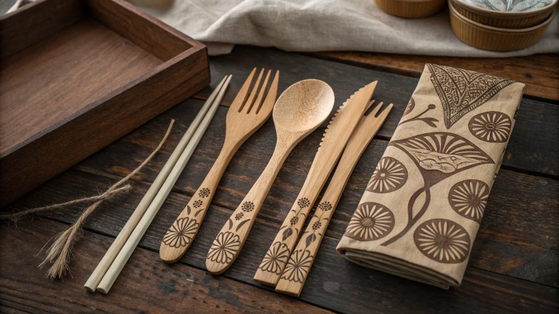 An arrangement of wooden cutlery on a rustic table