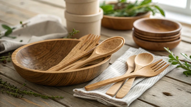 An arrangement of wooden cutlery on a rustic table