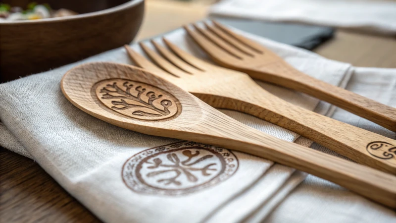 Close-up of wooden cutlery with engravings