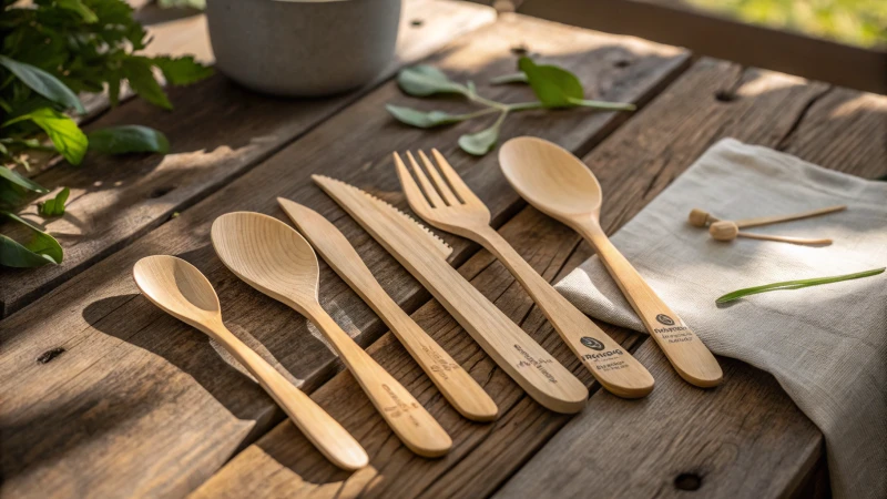 Elegant wooden cutlery on a rustic table